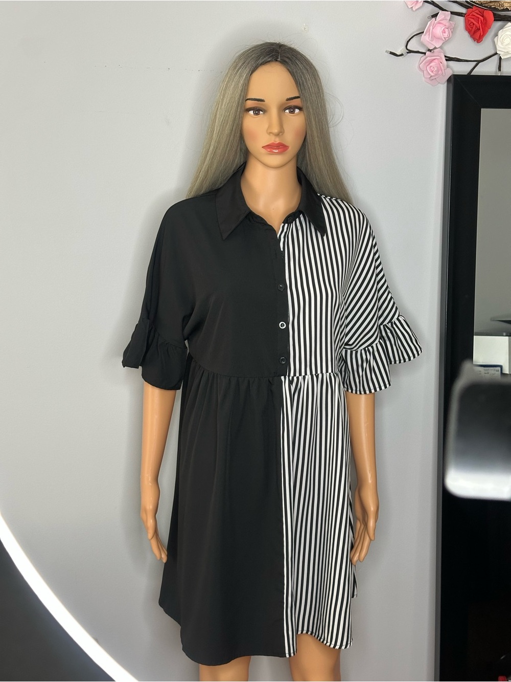 Black & White Striped Half-Button Shirt Dress Sz M like new - Picture 6 of 9